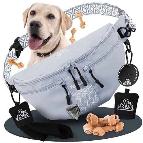 fell&bell Leckerlitasche für Hunde – wasserfester Leckerlibeutel mit 2 Snackfächern, 1,8 L Hauptfach, Handyfach & Kotbeutelspender | Futterbeutel Hundetraining & Hundetasche für Welpen Zubehör
