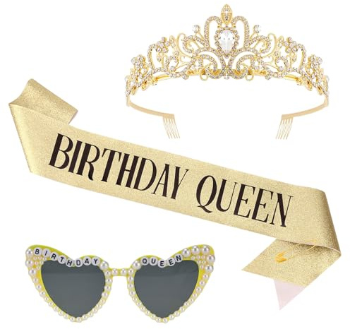 OuryTech Geburtstagskrone, Birthday Girl Krone, Tiara, Gold Krone, Diadem, Geburtstagskrone Damen, Geburtstag Deko, Queen Sash für Frauen, Party Zubehör für Damen, 3 Stück