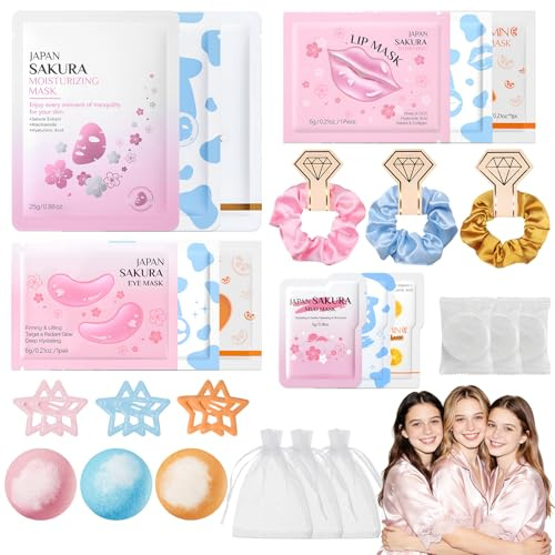 30 Pezzi Kit Spa Donna, Set Corpo Donna Regalo, Kit Skincare con Maschere Viso, Patch Occhi, Lip Mask, Maschera Argilla Viso, Bombe da Bagno, Asciugamani Compressi, Hair Clip, Scrunchies per Capelli