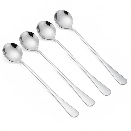 Long Handle Dessert Spoons Set of 4 for Ice Cream Sundae Latte Coffee & Tea | 7.2 Length, Round Bowl, Mirror Polished Stainless Steel, Dishwasher Safe, Ideal for Tall Latte Glasses & Deep Mugs, Set of 4
