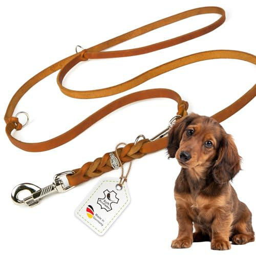 Hundeleine Leder 2m kleine Hunde leicht Fettlederleine [3-Fach Verstellbar] Lederleine geflochten – robuste Leine Hund mit Chrombeschlägen – Führleine Hund & Freihandleine zum Umhängen, Cognac 8mm
