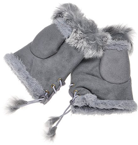 ZLYC Damen Winter Warme Kunstpelz Halbfinger Handschuhe Fingerlose Fäustlinge(Grau),Einheitsgröße