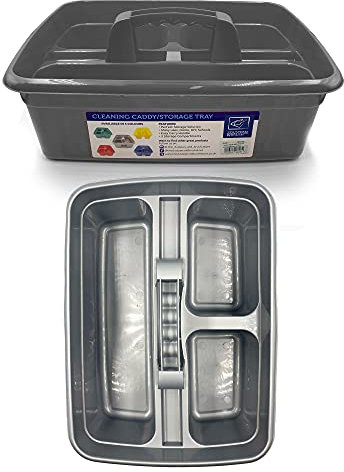 TDBS The Dustpan and Brush Store Cleaning Caddy with Handle Cleaners Caddy Organiser Carry Baskets for Cleaning Products (Silver)
