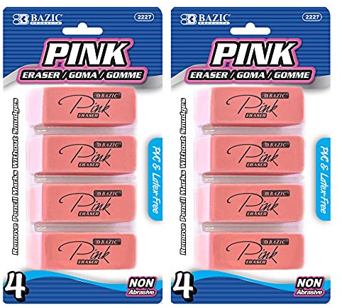 BAZIC Products Pink Bevel Block Erasers, 4 Count, 2-Pack