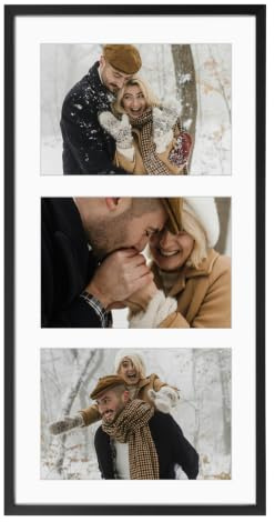 Frametory - 7x14 Aluminum Collage Picture Frame - Display 4x6 Pictures with 3 Openings Mat - Real Glass Front - Horizontal/Vertical Wall Mount - Black 1 Pack