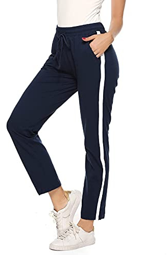 Irdcomps Sportbyxor i bomull med fickor och dragsko, elastiska joggingbyxor för dam för träning jogging fitness, A#-blå, M