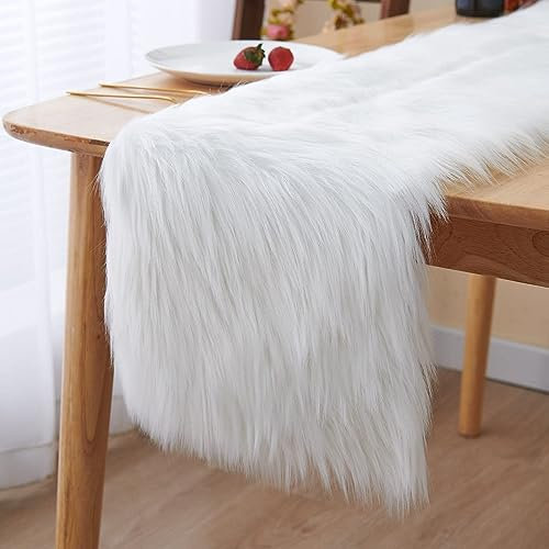 Topspitgo Camino de Mesa Moderno 30 x 150cm Camino de Mesa Navidad Pieles de Pelo Sintético Suave para Halloween Boda Navidad Decorar Ventana Mesa de Comedor Chimeneas,blanco