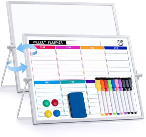 ARCOBIS Dry Erase White Board with Stand, 12 x 16 Weekly Double-Sided Desktop Whiteboard 10 Markers, 4 Magnets, 1 Eraser, Portable Magnetic Dry Erase Calendar for Planning, to Do List, Memo, School