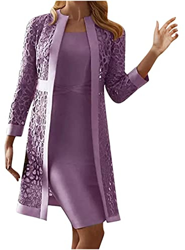 Wedding Guest Dresses for Women UK Sale Clearance Two Piece Mother of The Bride Outfits Petite Lace Hollow Out Long Sleeve Cardigan + Sleeveless Dress Summer Elegant Party Casual Ladies Dresses
