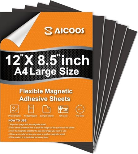 Magnetic Sheets with Adhesive Backing - Easy to Cut Magnet Sheet for Photos, Stickers, Die Storage - A4 Large Size (12 x 8.5) - Durable Displate Magnets for Fridge, Cabinets (4Pcs)