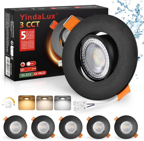YindaLux LED Einbaustrahler 230V Dimmbar 45° Schwenkbar LED Spots 5W IP44 Deckenspots 68-80mm Lochmass 3000K/4000K/6000K Einbauspots Einbauleuchten für Badezimmer Küche Wohnzimmer Schwarz 6er Set