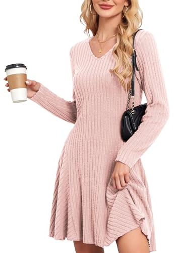 SENBATU Robe tricotée Femmes Automne élégant Pullover Robe Manches Longues col en V vêtements d'hiver Rose Clair XX-Large
