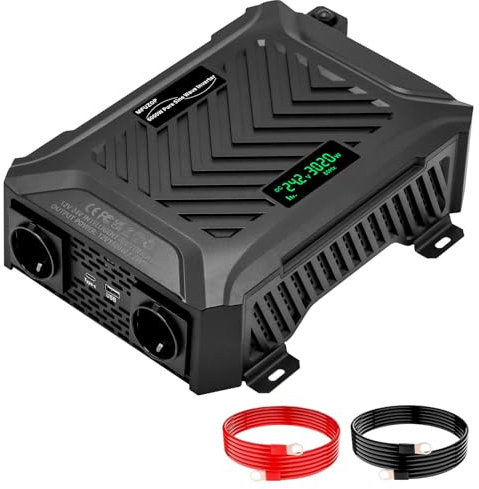 MFUZOP Convertisseur 12V/24V vers 220V Pur Sinus 1500W/3000W, Onduleur Onde Sinusoïdal Pure 3000W/6000W en Puissance de crête, avec Système de Détection Intelligent avec 2 Prises UE, 1 Type-C, 1 USB