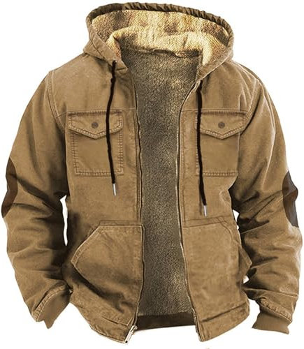 Wachsjacken für Herren, UK-Jacken, Denim-Jacke 2024, einfarbige Kombination, Kapuzenpullover mit brauner Tasche, Baumwolljacke, Esel-Jacken für Herren, khaki, XL