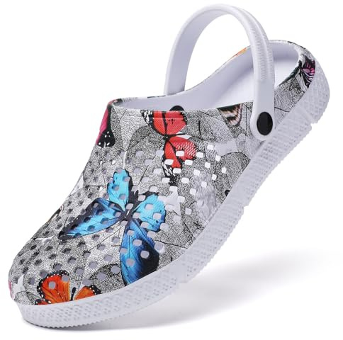 SECHRITE Dam träskor trädgårdsskor slip-on komfort utomhus strandtofflor lätta vattentäta sommarsandaler - fjärilstryck, Grå fjärilar, 41 EU