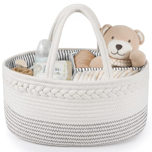 Maliton Wickeltisch Organizer，Baby Organizer Korb，Aufbewahrungskorb für den Wickeltisch，Windel Caddy mit Fächern & Griffen，Geschenke für Neugeborene, Weiße Wellen