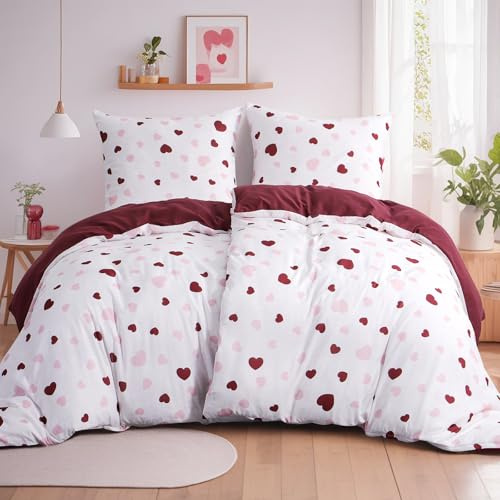 Aisbo Sängkläder 135 x 200 4 delar påslakan – sängkläder set 135 x 200 hjärtan rosa rött mönster med 2 örngott 80 x 80 cm, mikrofiberpåslakan set om 2 med dragkedja, strykfri och mjuk