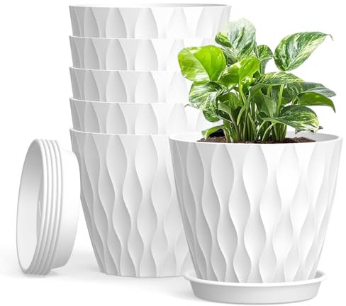 Vasi per piante da 10 cm, confezione da 6 vasi da fiori in plastica con fori di drenaggio e piattini, fioriere per interni ed esterni, per piante grasse e tutte le piante domestiche (bianco)