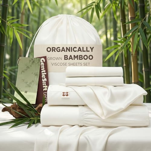Bedsure 100% Organically Grown Bamboo Viscose Queen Sheet Set | Cooling Bedsheets for Hot Sleepers | Luxury Silky Soft PureWoven | 18 Deep Pocket with Corner Straps | Oeko-Tex Certified [White]