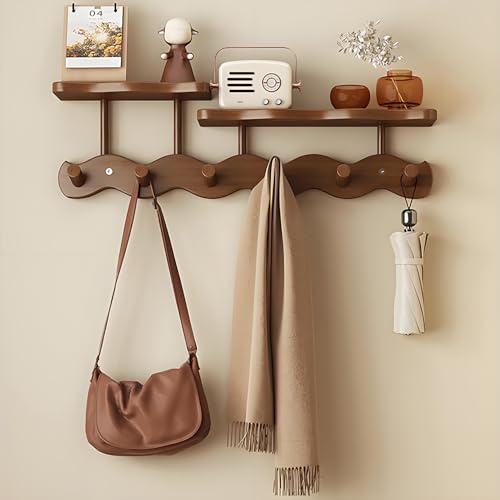 Pexintek Wall-Mounted Elegant Wavy Coat Rack with 2 Shelf, 52cm Large Bamboo Hanger with 6 Hooks Includes Installation Accessories for Living Room, Bedroom, Study Room, Entryway (Brown)