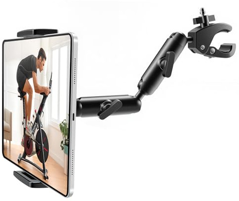 RUIFUO Dubbelarm löpband surfplattehållare, cykelstyrhållare, iPad-hållare för spinncykel, aluminiumklämma för stationär spin bike Peloton barnvagn, kompatibel med 4–13 tums enheter