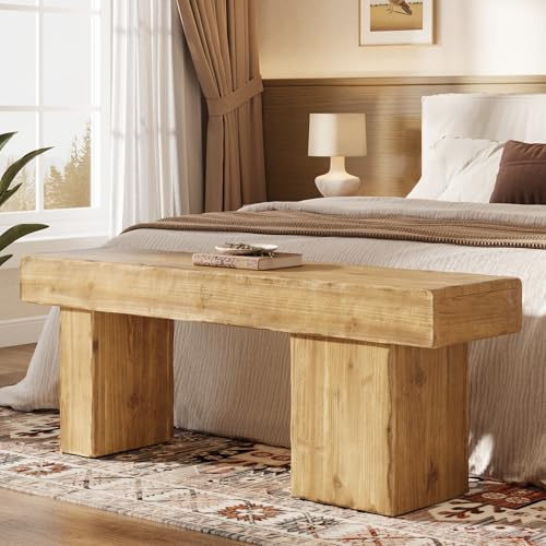 TRIBEWOOD Banco de Madera Maciza 120 cm, Banco de Comedor para 2-3 Personas, Banco de Madera de Abeto, Banco Rústico para Recibidor, Entrada, Dormitorio, Cocina y Comedor, Color Natural