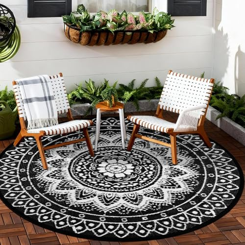 VSIWB Tapis d'extérieur Rond pour terrasse 180cm réversible imperméable et Pliable bohème pour Camping-carTapis de Pique-Nique et de Camping pour RV, Balcon, Plage, terrasse, Noir/Blanc