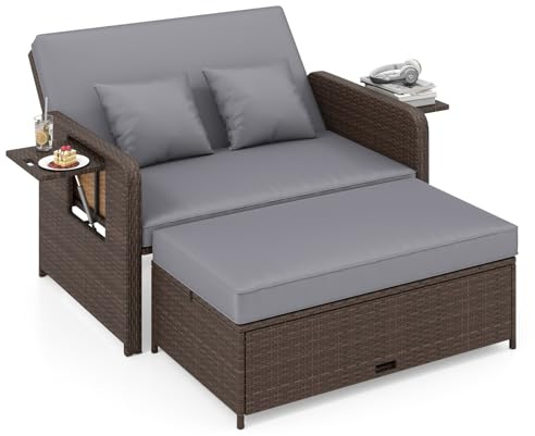GIANTEX Loungemöbler utomhus, rotting, trädgårdsloungeset med pall, trädgårdssoffa med liggfunktion, balkong, loungeset, dubbel svepning, utomhussoffa, solö, lounsäng (blandad brun + grå)