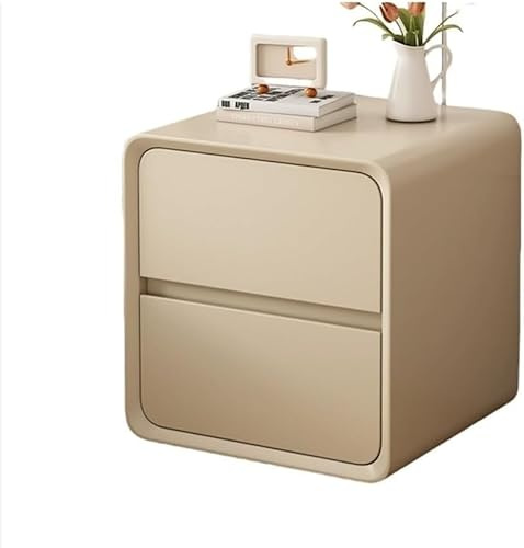 DUY Moderna mesita de noche gris con 2 cajones, mesita de noche tapizada, armario de almacenamiento curvado para dormitorio, sala de estar, mesa auxiliar minimalista con asas ocultas (beige, 40 cm)