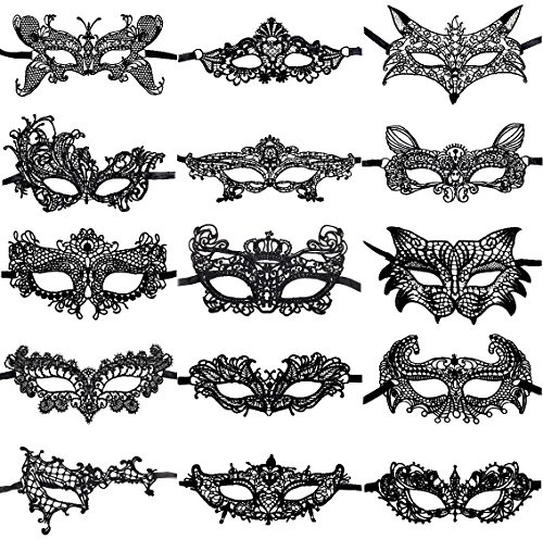 CNYMANY 15 Packs Women's Sexy Flexible Lace Masks Eye-mask for Ball Party Venetian Masquerade Costume - Black