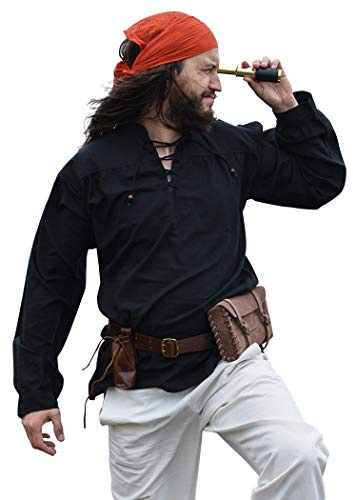 Battle-Merchant - Chemise médiévale Ludwig en Coton - pour Homme - Large Chemise à Lacets - Col Montant - Manches Longues - Vêtement Viking - LARP - Noir - 3XL