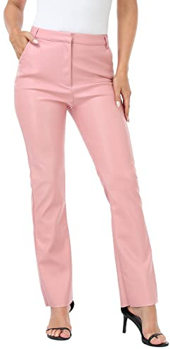 HDE Women's Faux Leather Pants High Waisted Straight Leg Trousers with Pockets Pink - S