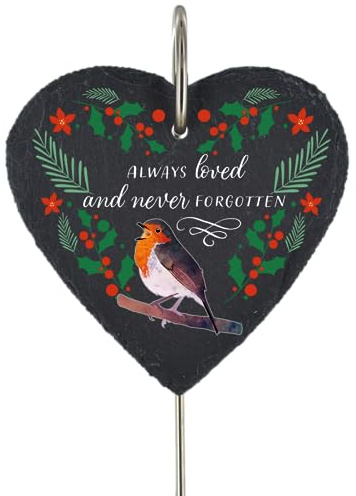 Global Designs Christmas Robin Grave Stick Marker Plaque Ornament Slate Heart Sentimental Tribute Graveside Decor 25x11cm