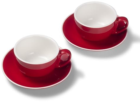 Terra Home 2er Milchkaffee-Tassen Set - Rot, 350 ml, Glossy, Porzellan, Dickwandig, Spülmaschinenfest, italienisches Design - Kaffee-Tassen Set mit Untertassen