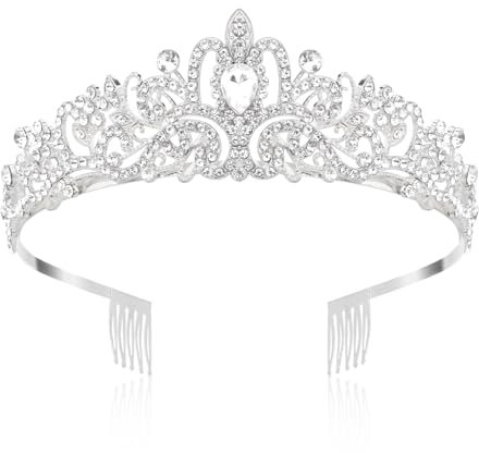 Krone Diadem für Damen - Hochzeit Prinzessin Tiara in Silber mit Strasskamm für Braut, Abschlussball, Halloween und Partys