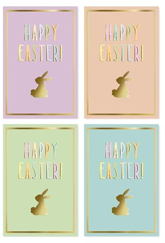 Honeyplum Easter Cards With Envelopes - Fun & Colorful Set of 4 Easter Cards & Envelopes - Gold Foil Stamp Design - 4 x 6 Inches