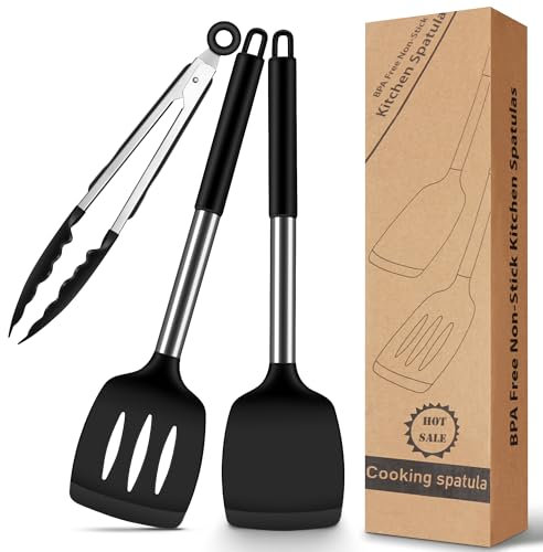 Spatola in silicone, 2 spatole in silicone da cucina + 1 pinza da cucina, spatola resistente al calore, in plastica, senza BPA, colore nero, utensili da cucina antiaderente per cucinare