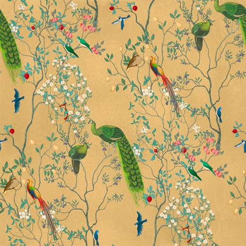 VEELIKE Papel Pintado Flores y Pájaros Chinoiserie Amarillos Papel Pared Estampado Pavo Real Colibrí Papel Pintado Hoja Tropical Murales Decorativos Pared Salon Papel Tapiz Dormitorio 44,5cmx300cm