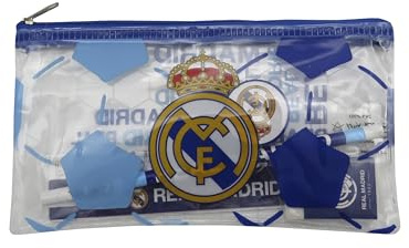 CYPBRANDS Real Madrid, Set de Papelería, Escritura, Regla, Goma de Borrar, Sacapuntas, Estuche, Lápiz, Color Blanco, Producto Oficial