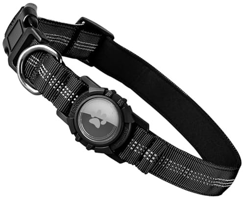 Ledeak taktiskt hundhalsband för AirTag, reflekterande hundhalsband i nylon med transparent vattentätt skydd för AirTag-spårare, justerbart AirTag-hundhalsband för små och medelstora hundar (svart, M)