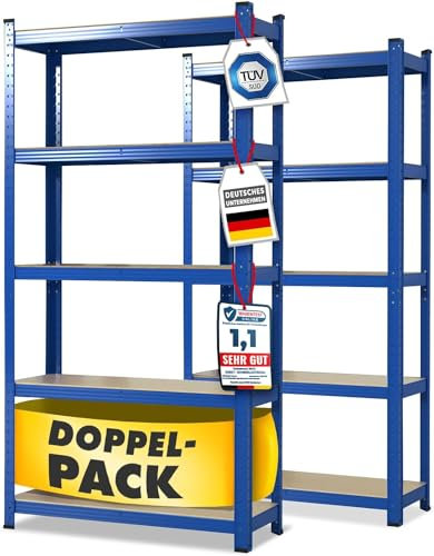 Floordirekt Schwerlastregal, 2er Set, blau 180 x 90 x 40 cm Steckregal, Kellerregal, Lagerregal, Werkstattregal, Werkbank - 5 verstellbare Böden (Lakota)