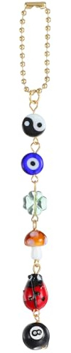 Ptwola Evil Eye Car Hanging Ornament Good Lucky Days Charm 8 Ball Mushroom Four-Leaf Ladybug Yin Yang Symbo Rear View Mirror Pendant Cute Boho Car Accessories Decorations for Keychain Cellphone