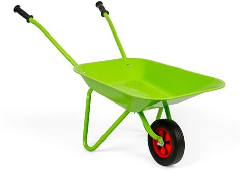 Bigjigs Toys Green Garden Wheelbarrow | Lightweight Metal Gardening Tool for Kids | Durable Wagon with Rubber Wheel & Handles | Equipment for Outdoor Set | Toddler Gifts for 3+ Year Old Children