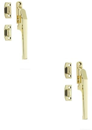 2 Pack Premium Polished Brass Non-Lockable Casement Fasteners - 124mm Modern Design - Window Handle
