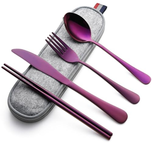 DEVICO Reisebesteck Mit Etui, Camping Besteck Set, Edelstahl Besteckset 1 Person, Tragbares Messer Gabel Löffel Essstäbchen für Unterwegs, Outdoor, Reise, Arbeit, Schule (5-Stück Purpur)