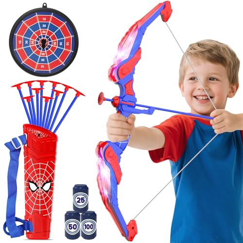 Joozmui Bow and Arrow Set Kids with LED Lighting, Boys Toys Age 3 4 5 6 7 8 9 10 11 12, Kids Garden Toys for 3-12 Year Old Boys Including Bow, Quiver, 10 Arrows, Hanging Target and 3 Score Targets