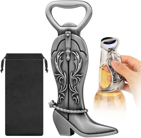 LKKCHER Cowgirl Boot Bottle Opener, Cowgirl Gifts for Women, Birthday Fathers Day Christmas Gifts for Women Mom, Silver Rustic Beer Accessories with Gift Bag