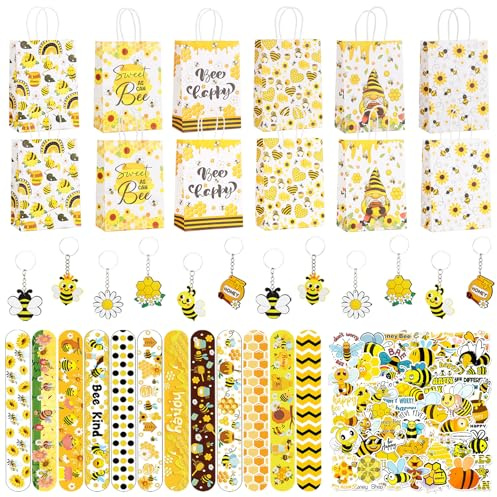 98 Piece Bee Gifts Children's Birthday Set, Bee Classroom Decorations Includes 12 Gift Bags, 12 Key Chains, 12 Bracelets, 12 Wobblers, 50 Stickers, Gift for Girls Boys