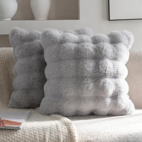 Neelvin 2er Set Decorative Kissenbezug Superweichen Plüsch Kurze Wolle Kissenhülle Luxus Zierkissenbezüge Sofakissen für Sofa Wohnzimmer Schlafzimmer 45x45cm Hellgrau