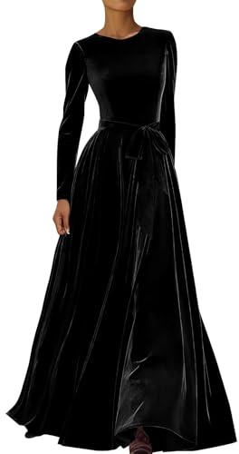Elegant Long-Sleeved Velvet Evening Dress Women's Solid Party Dress A-Line Dress Long Festive Cocktail Dress Flowing Swing Maxi Dress Wedding Guest Ball Gowns, black, L
